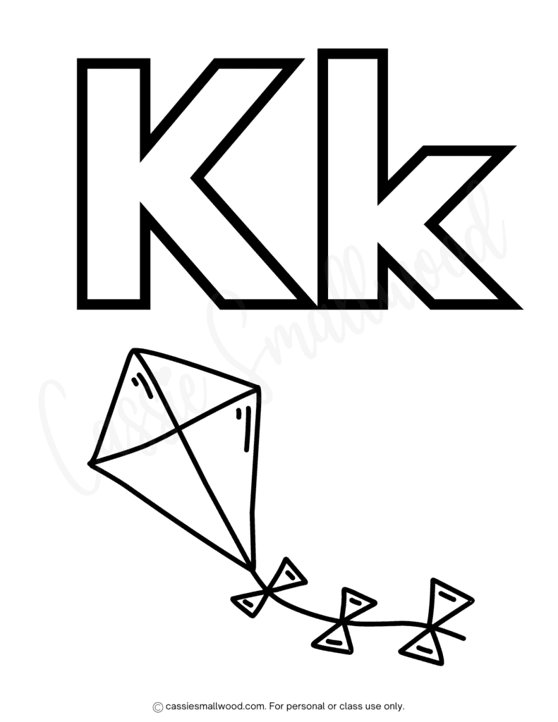 free printable letter k coloring page pdf, complete alphabet coloring sheets for preschool, kite coloring page free download
