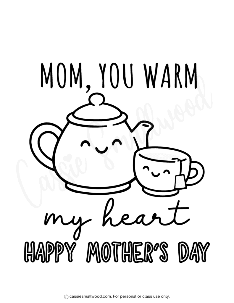 free printable kawaii tea Mother's Day coloring page for kids pdf, Easy preschool Happy Mother's Day coloring sheet