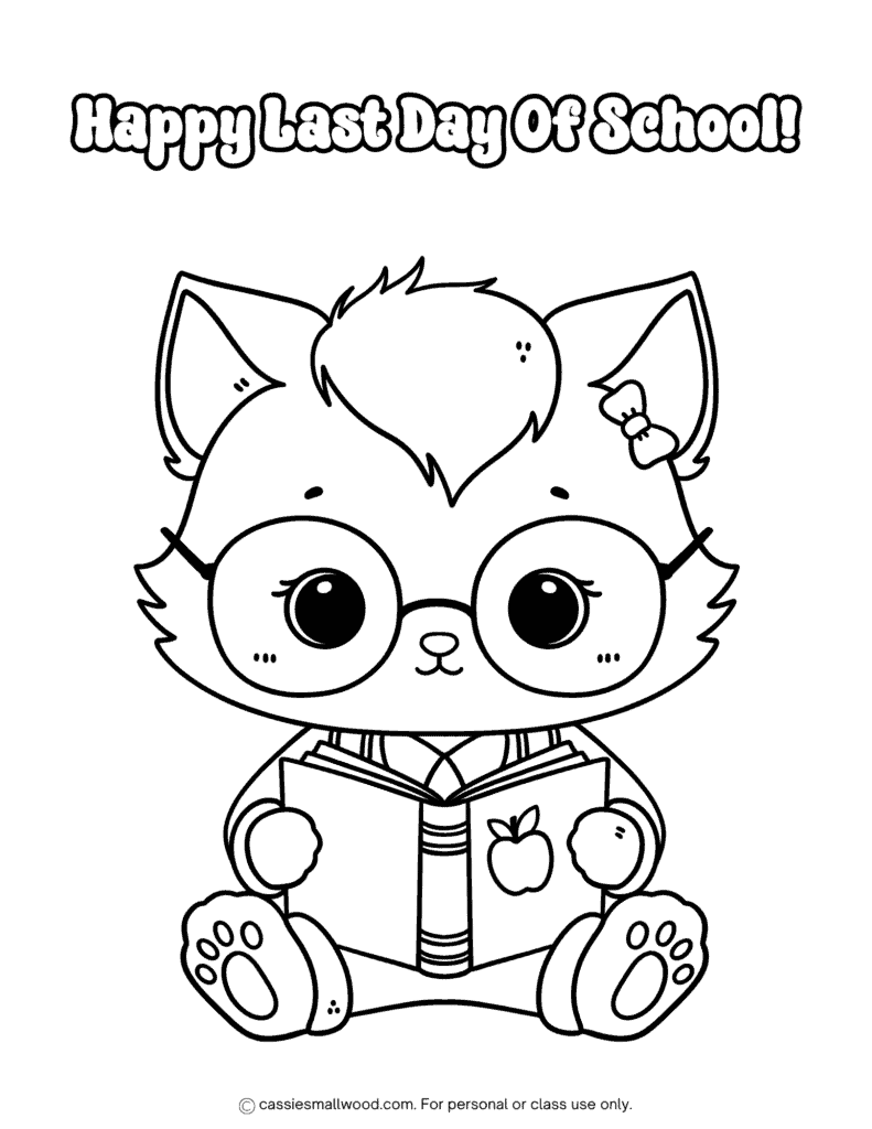 cute kitty last day of school coloring page free printable pdf, cat end of school coloring sheet for preschool, kindergarten, pre k