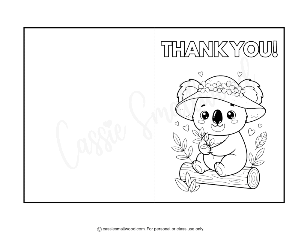 cute koala thank you card coloring page free printable pdf, birthday party thank you card from kids to color