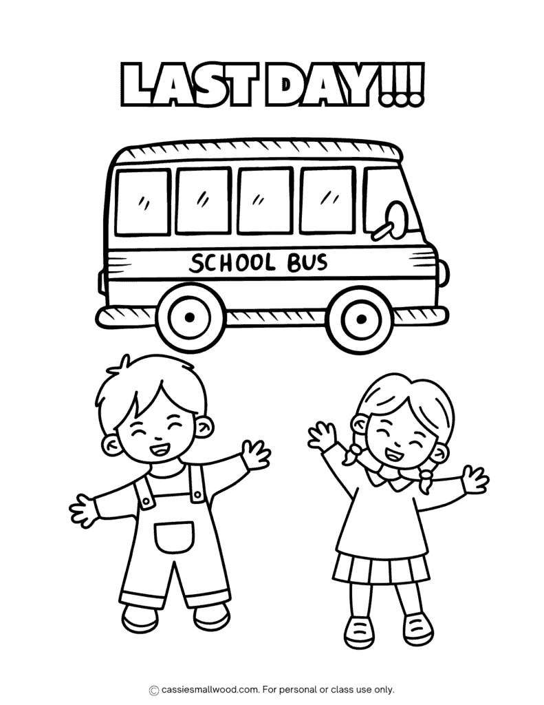 last day of school coloring page for kids free printable pdf, school bus black and white end of school year coloring sheet