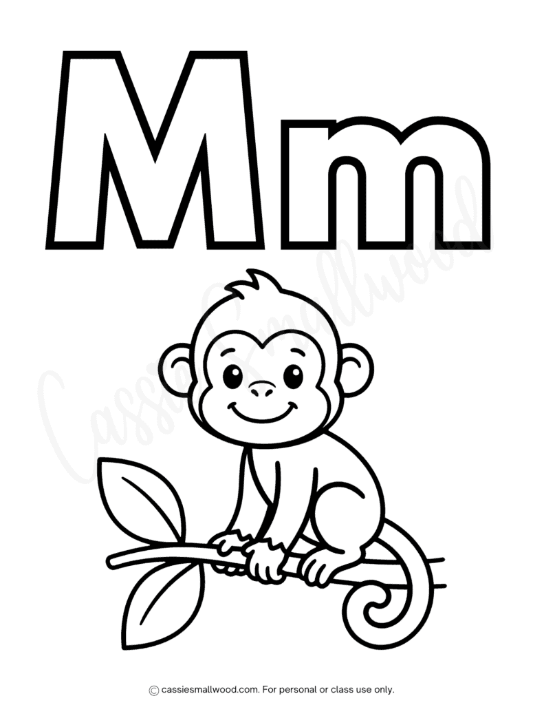 cute animal alphabet coloring page free printable pdf, uppercase and lowercase letter M coloring sheet, cute monkey coloring page for kids, capital and lower case ABC coloring pages