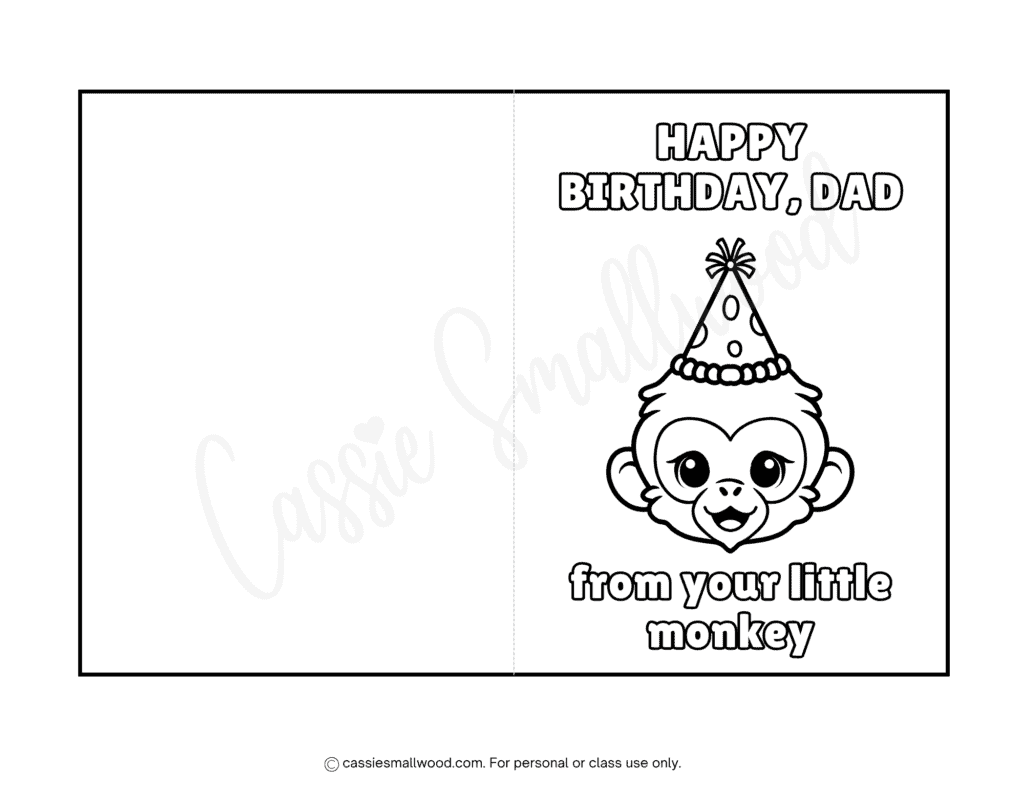 cute monkey happy birthday dad card to color free printable pdf, happy birthday dad from your little monkey card coloring page, toddler birthday card for dad coloring sheet, preschool birthday wishes greeting card for dad coloring page