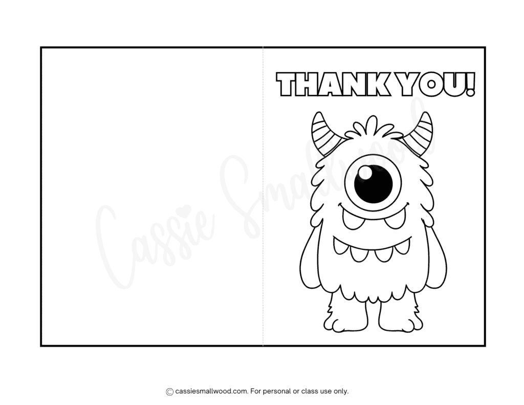 monster thank you coloring card free printable pdf, boys birthday party thank you card coloring page, Monsters Inc birthday party thank you greeting card from kids