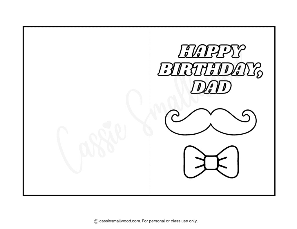 cute mustache birthday card to color for dad free printable pdf, moustache and bow tie happy birthday dad coloring card foldable printable birthday greeting card for dad from kids