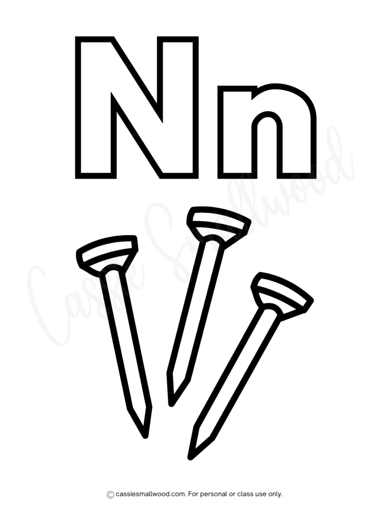 free printable alphabet coloring sheets A-Z pdf, letter N coloring page for kids, easy preschool ABC coloring pages capital and lowercase