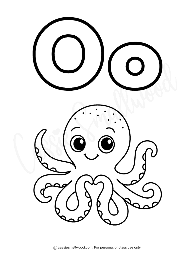 free printable letter O coloring page pdf, cute octopus coloring sheet preschool, toddler ABC coloring pages, simple alphabet coloring sheets free download