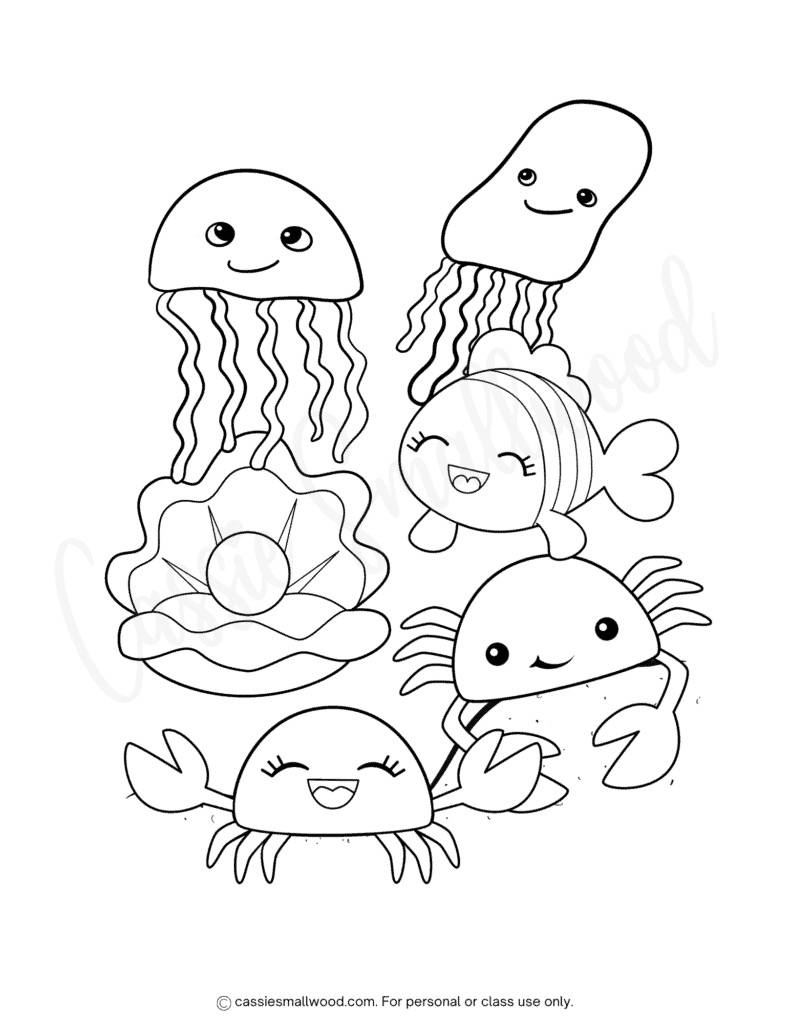 cute kawaii ocean animals coloring page free printable pdf, easy under the sea coloring sheet for kids, preschool ocean coloring pages, jellyfish coloring page, fish coloring page, crab coloring page, clam coloring page