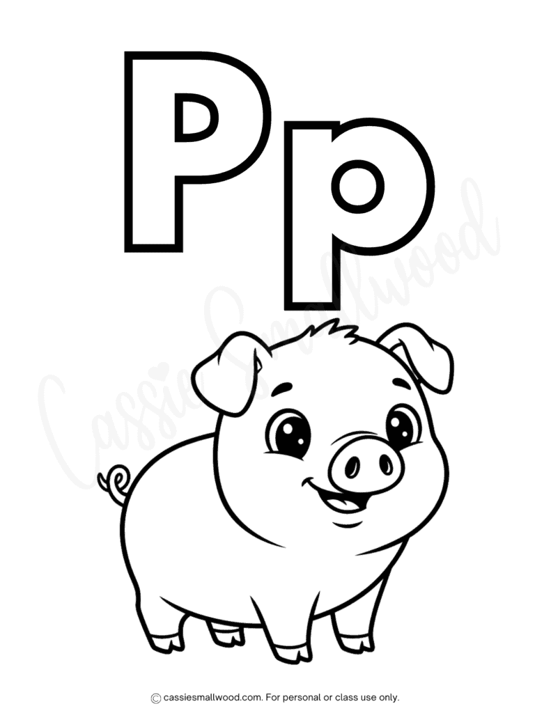 cute alphabet coloring pages for toddlers free printable pdf, simple letter P coloring sheet preschool, cute pig coloring page for kids