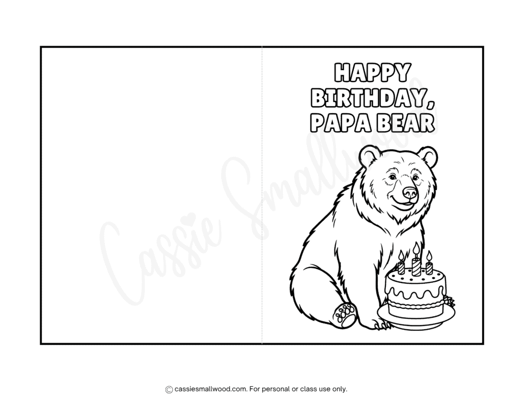cute papa bear happy birthday card to color for dad free printable pdf, birthday cake birthday card for dad coloring page, kids coloring birthday card for dad free download black and white greeting card template 