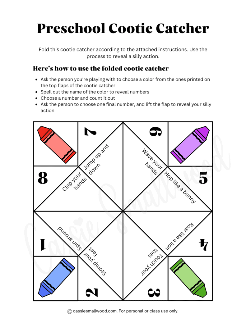 preschool cootie catcher free printable pdf, classroom brain break activity, no prep activity for kids, screen free activity for kids, free printable paper fortune teller game