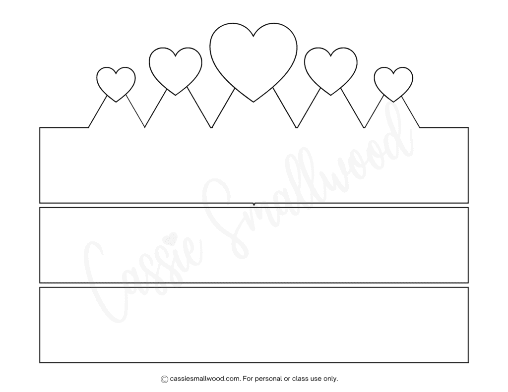 Princess tiara headband craft template free printable pdf, princess crown template for kids, heart crown stencil blank black and white outline