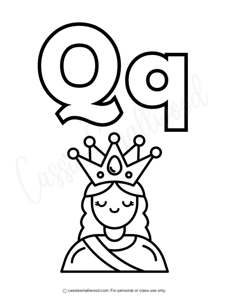 A to Z English alphabet coloring pages for preschool and toddlers free printable pdf, letter Q coloring sheet kindergarten, queen coloring picture