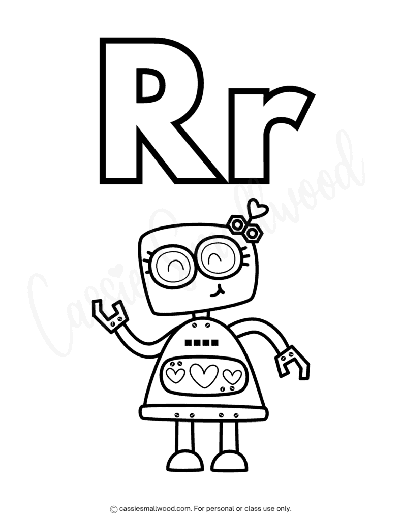 fun alphabet coloring pages for kids free printable pdf, toddler letter R coloring page, cute robot coloring sheet preschool