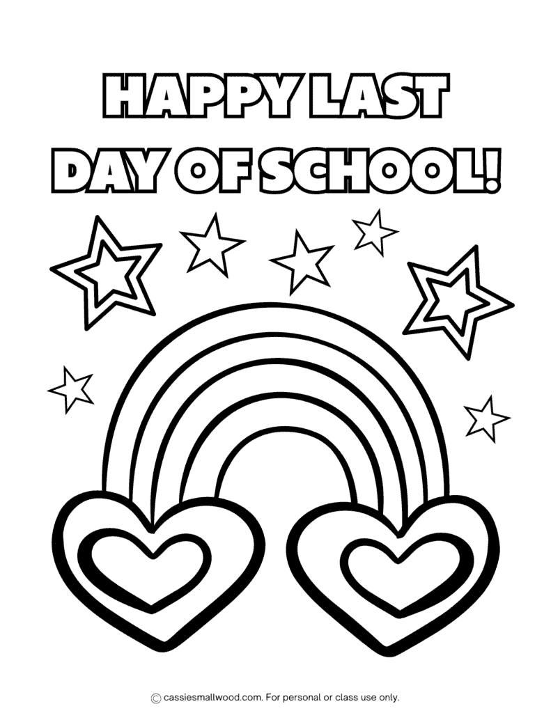 Rainbow last day of school coloring page free printable pdf, end of school year coloring sheet for kids, summer last day of school coloring pages