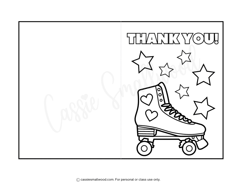 cute roller skate coloring thank you card from kids free printable pdf, roller skating birthday party thank you card to color