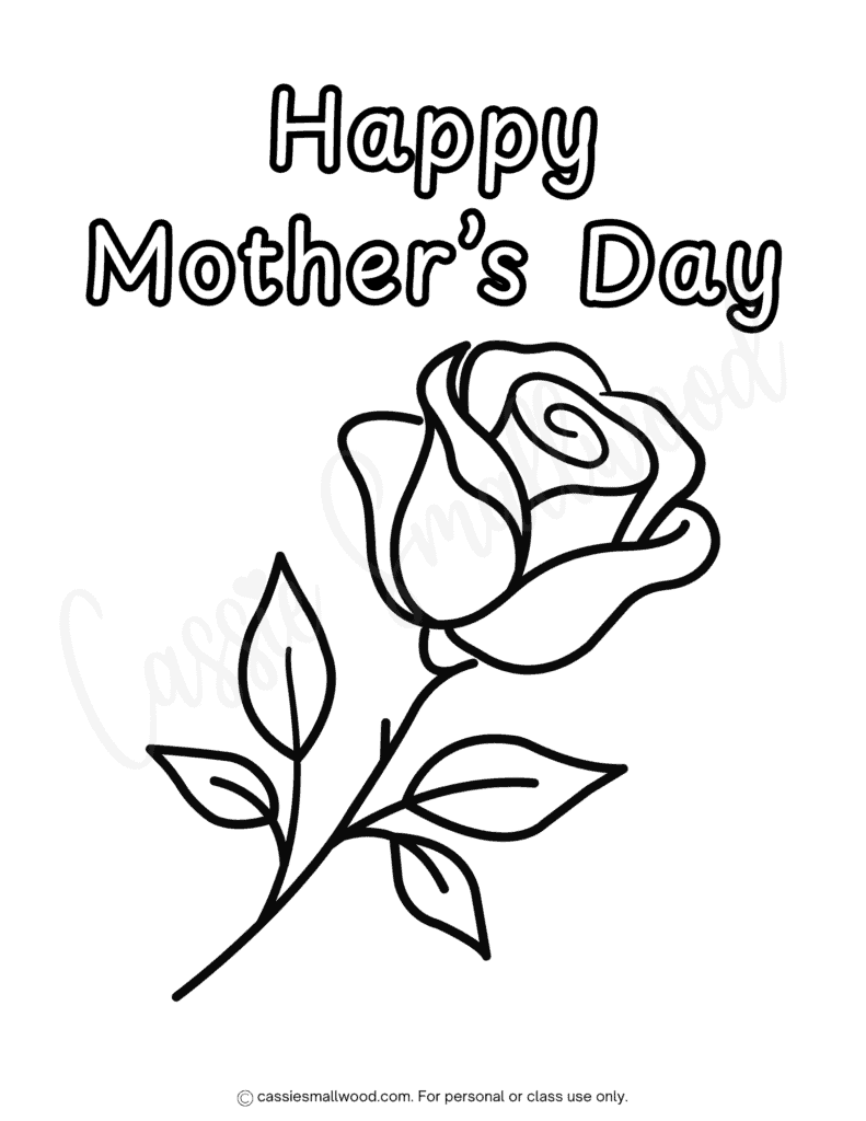rose happy mother's day coloring page free printable pdf, easy Mother's day picture to color for kids