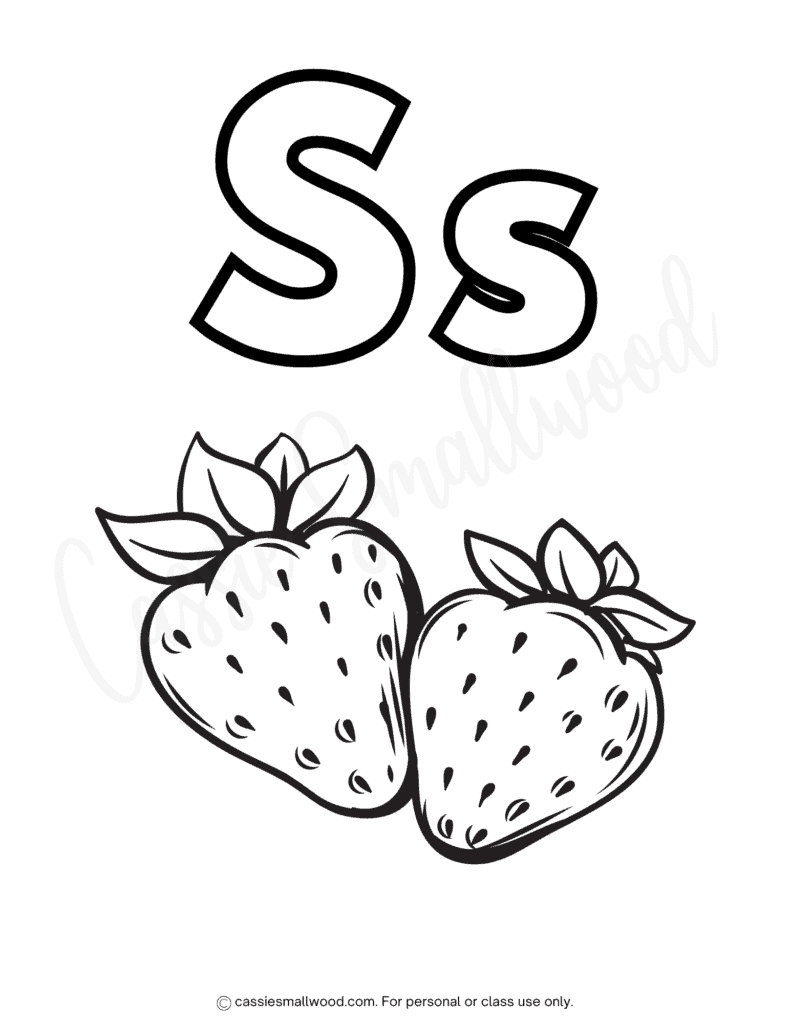 alphabet coloring pages worksheet free printable pdf, simple ABC coloring sheets for preschool, toddler letter S coloring page, strawberry coloring sheet