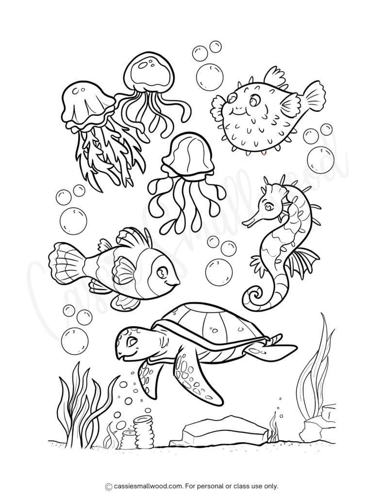 sea creature coloring page free printable pdf, ocean coloring sheets for kids, under the sea coloring pages, jellyfish coloring page, fish coloring sheet, seahorse coloring page, sea turtle coloring sheet, ocean animals picture to color