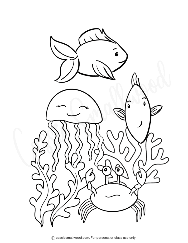 cute sea life coloring page free printable pdf, underwater ocean coloring sheet, kawaii fish coloring page, jellyfish coloring sheet, crab coloring page cute