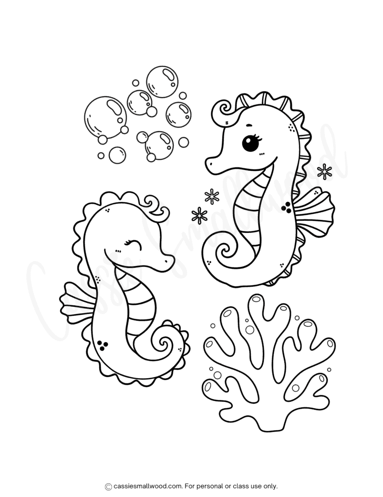 cute seahorse coloring page for kids free printable pdf, kawaii sea animals coloring sheet, under the sea picture to color easy