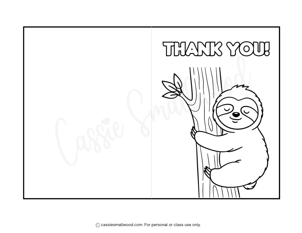 cute sloth thank you card coloring sheet free printable pdf, black and white thank you card from kids to color