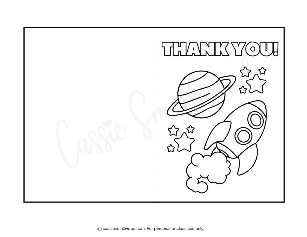 space thank you card coloring page for kids free printable pdf, easy thank you card from kids to color cute, space birthday party thank you card for kids coloring sheet