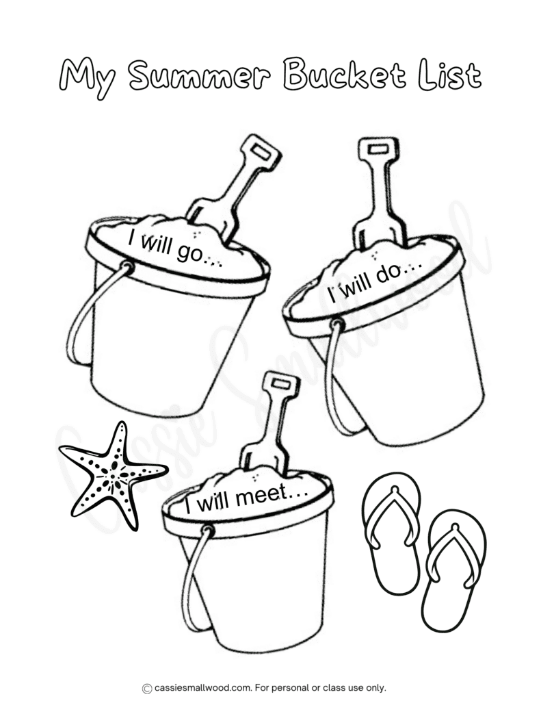cute summer bucket list activity sheet for kids free printable pdf, summer bucket list writing activity for students, summer bucket list worksheet coloring page for kids