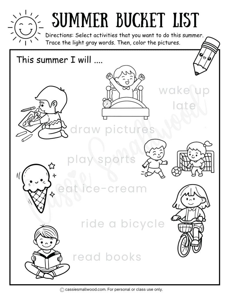 free printable summer bucket list coloring worksheet for students free printable pdf, cute summer bucket list activity sheet for kids, summer bucket list writing activity kindergarten, summer bucket list tracing activity preschool