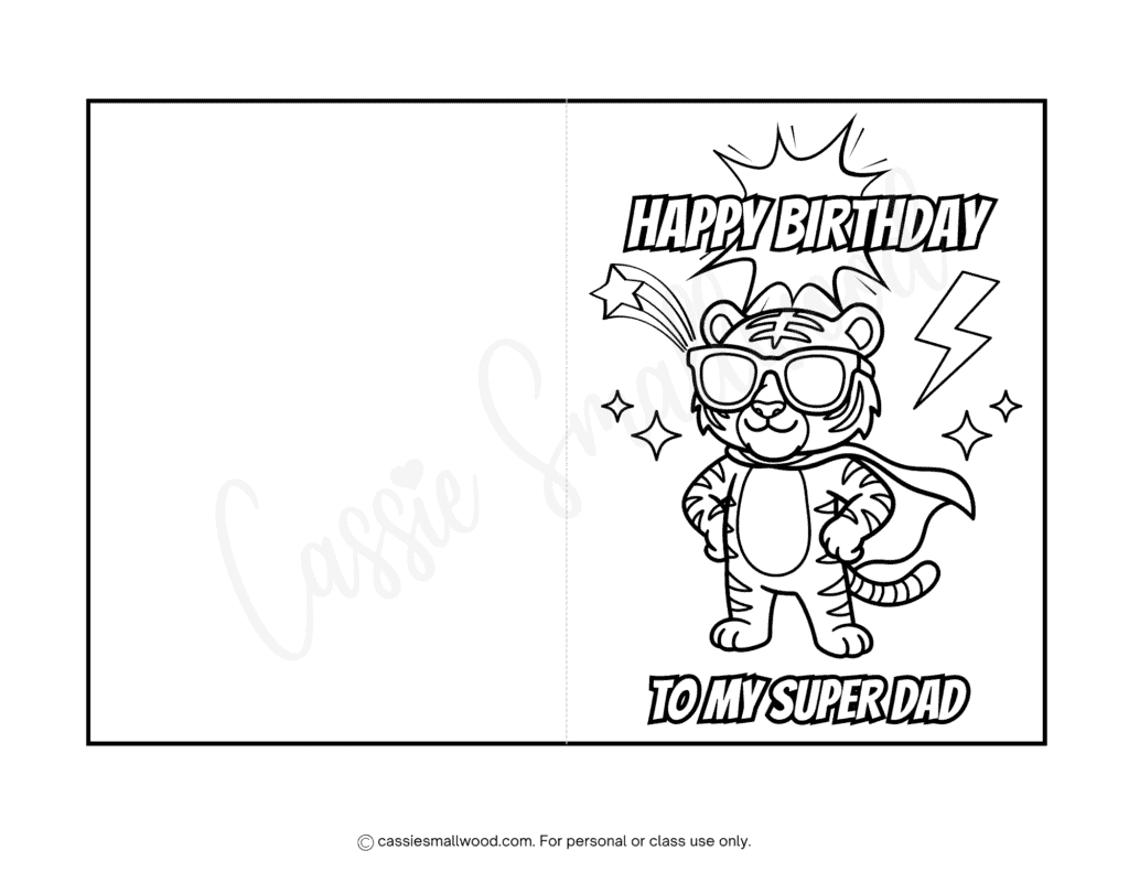 cute super dad birthday card to color free printable pdf, tiger birthday card for dad coloring sheet free download, dad birthday wishes greeting card black and white template from son or daughter
