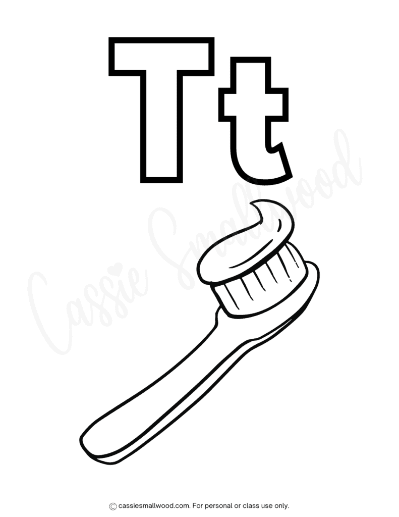 children's complete alphabet A-Z coloring pages free printable pdf, letter T coloring sheet for kids, toothbrush coloring sheet