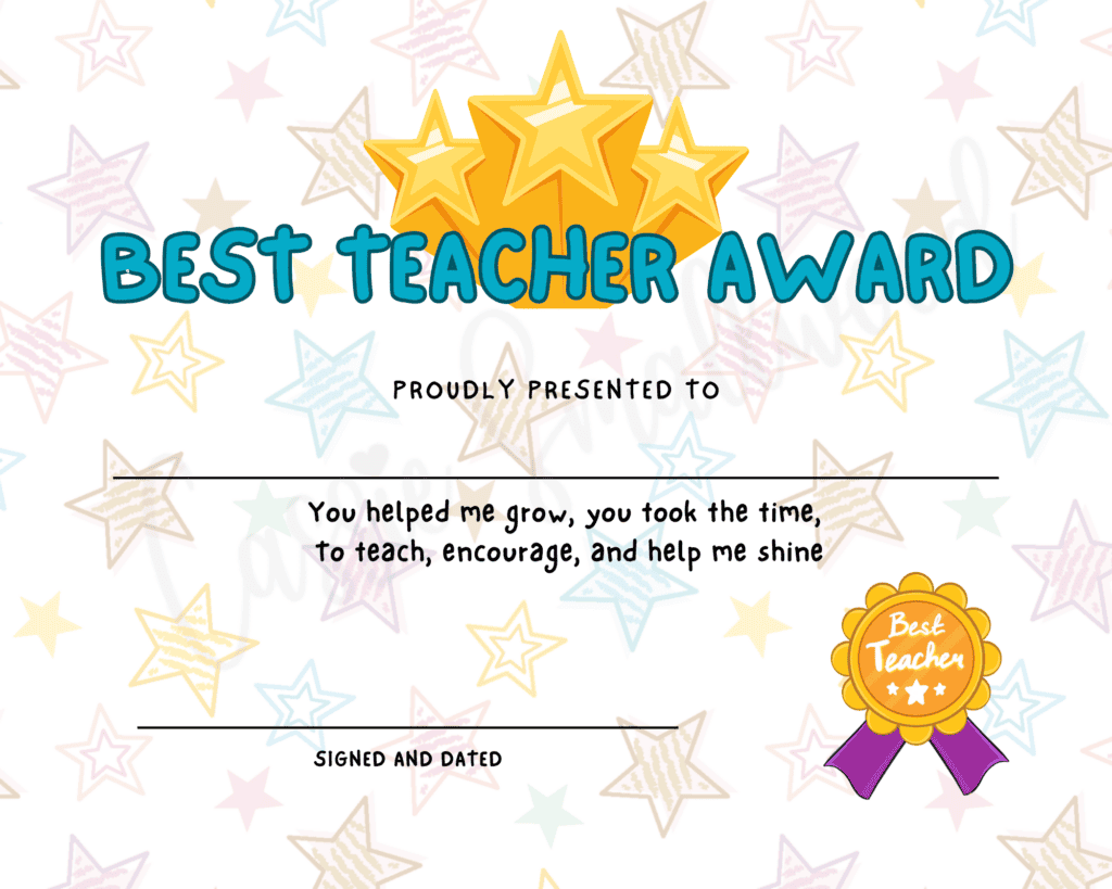 Teachers day certificate free printable pdf, teacher appreciation certificate template free download, best teacher award certificate student custom inspirational Happy Teacher Appreciation week certificate star