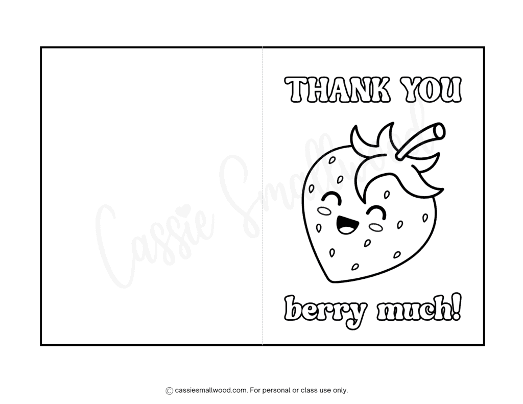 free printable thank you berry much card to color pdf, strawberry thank you card coloring page, strawberry shortcake birthday party thank you card for kids coloring page