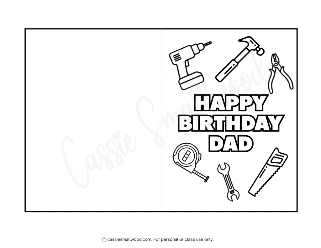 free printable tools dad birthday card coloring page pdf, happy birthday card to color for dad cute, easy dad birthday cards for kids to make last minute