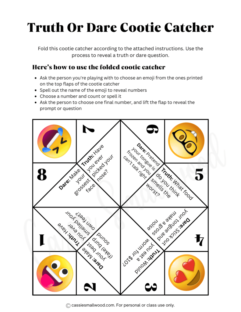 truth or dare cootie catcher free printable pdf, emoji cootie catcher, paper fortune teller ideas, sleepover cootie catcher free printable, funny cootie catcher ideas, how to play cootie catcher game for kids with truth or dare questions