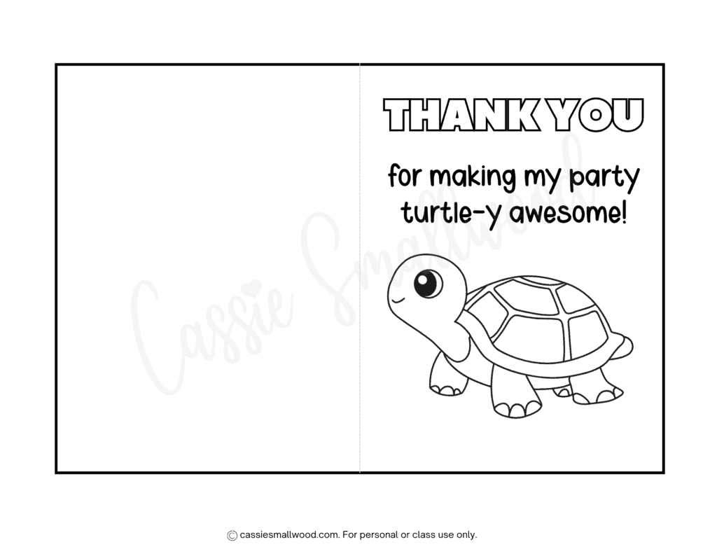 free printable turtle party thank you card pdf, cute turtle birthday party thank you card to color from kids
