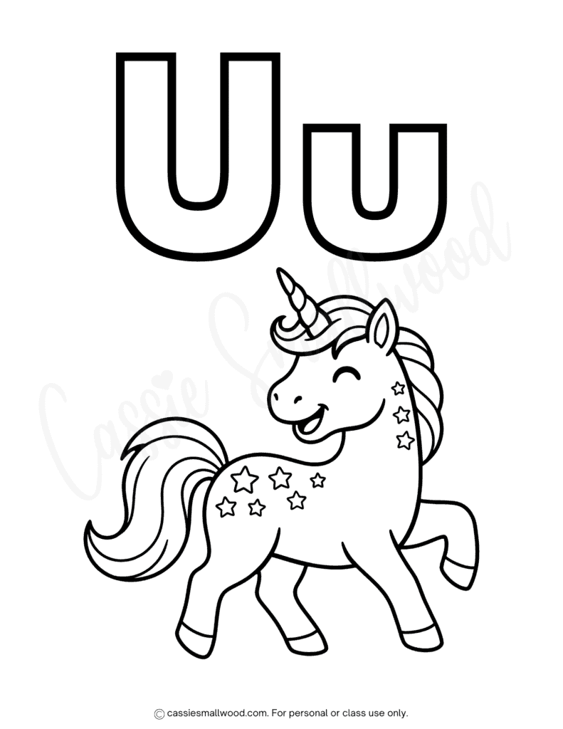free printable letter U coloring page pdf, cute unicorn coloring sheet for kids, uppercase and lowercase alphabet coloring sheets a to z