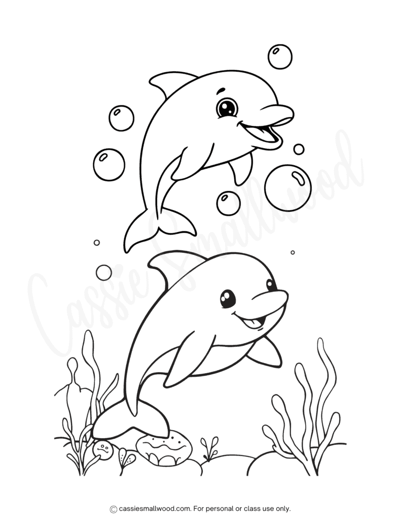 underwater dolphins coloring page free printable pdf, cute kawaii dolphin coloring sheet, under the sea coloring pages for kids, ocean coloring sheets free download