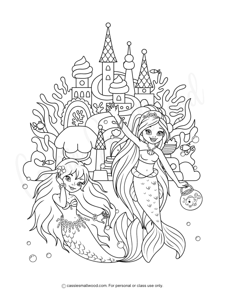 underwater mermaid coloring page free printable pdf, detailed under the sea coloring sheet, underwater castle coloring page for kids, ocean coloring pages