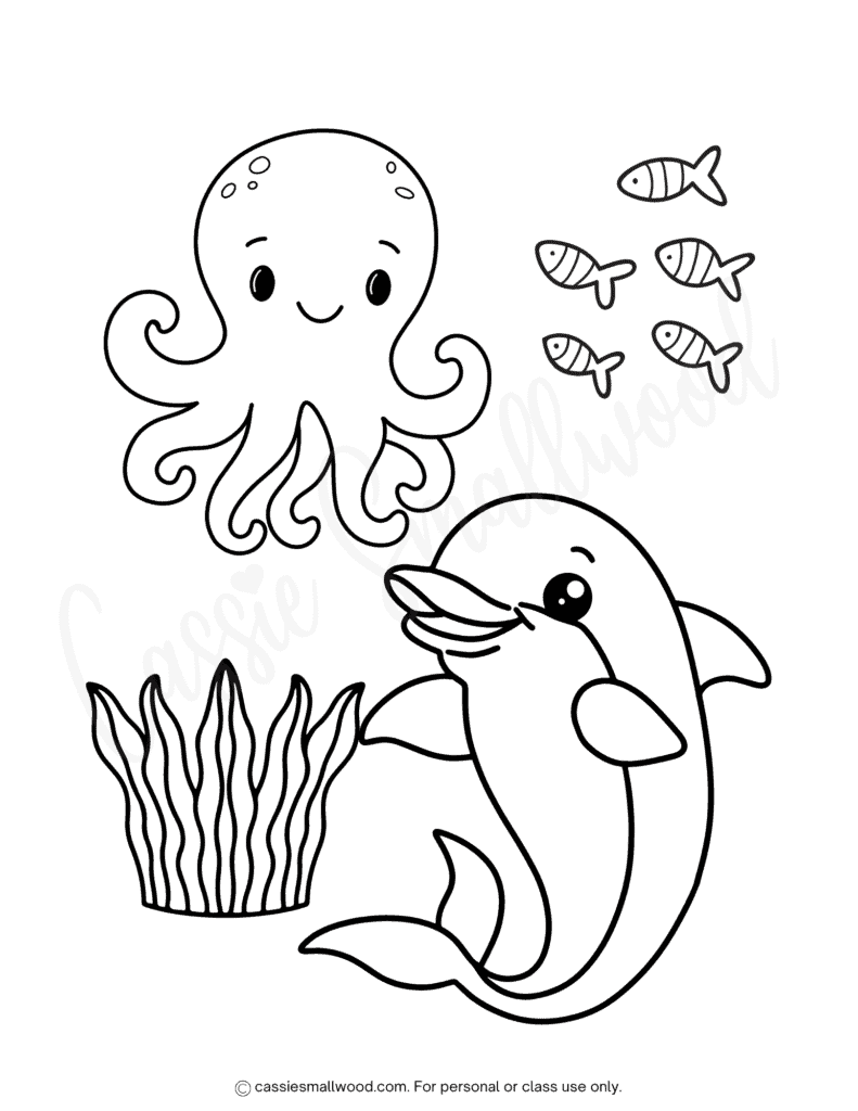underwater sea creature coloring sheet free printable pdf, dolphin coloring page for kids, easy octopus coloring page preschool toddler