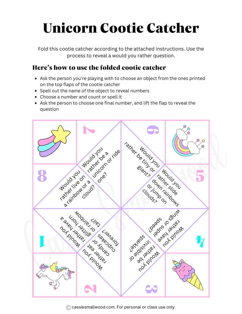 free printable unicorn cootie catcher pdf, unicorn paper fortune teller, unicorn printables, rainbow unicorn fortune teller, how to play cootie catcher game, fun screen free activities for kids, summer activities printable, sleepover activities free printable