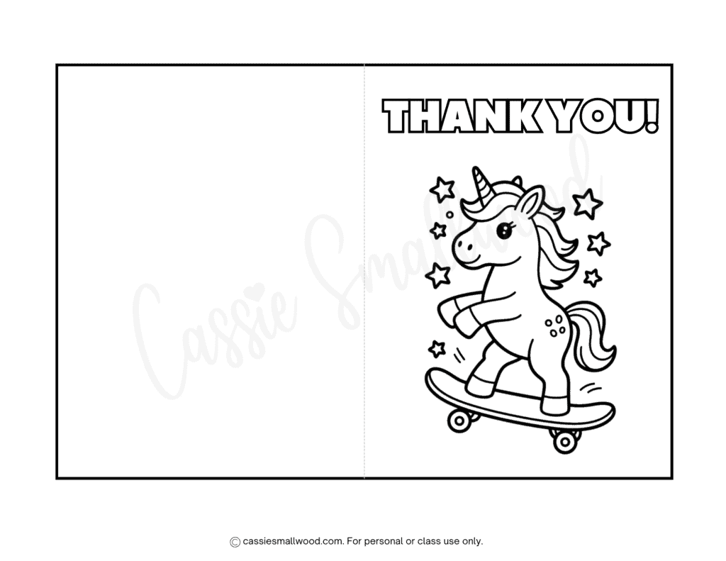 free printable unicorn thank you card to color pdf, cute unicorn skateboarding thank you card coloring page for kids, unicorn birthday party thank you card diy