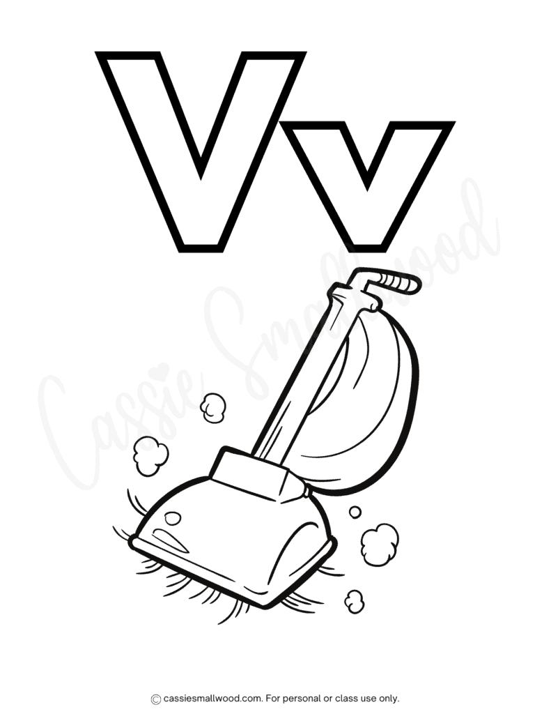 complete alphabet coloring pages for kindergarten free printable pdf, letter V coloring sheet, vacuum coloring page for kids