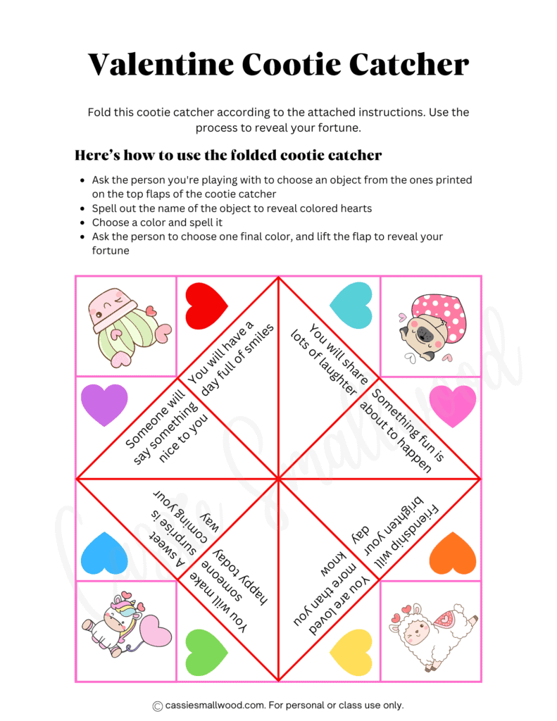 Valentine's Day cootie catcher template free printable pdf, classroom Valentine cootie catcher, free printable Valentine's Day paper fortune teller origami, Valentine's Day brain break activities, Valentine's Day morning meeting activities for kids