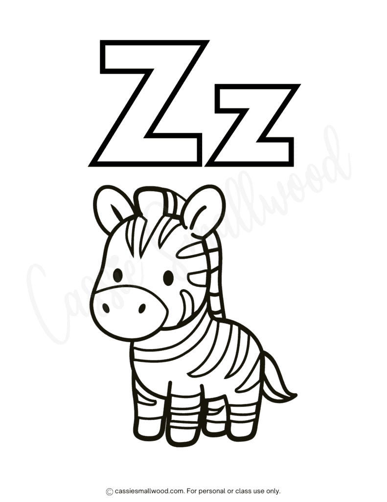 cute alphabet coloring pages free printable pdf, letter Z coloring sheet for kids, preschool zebra coloring picture to print for free download