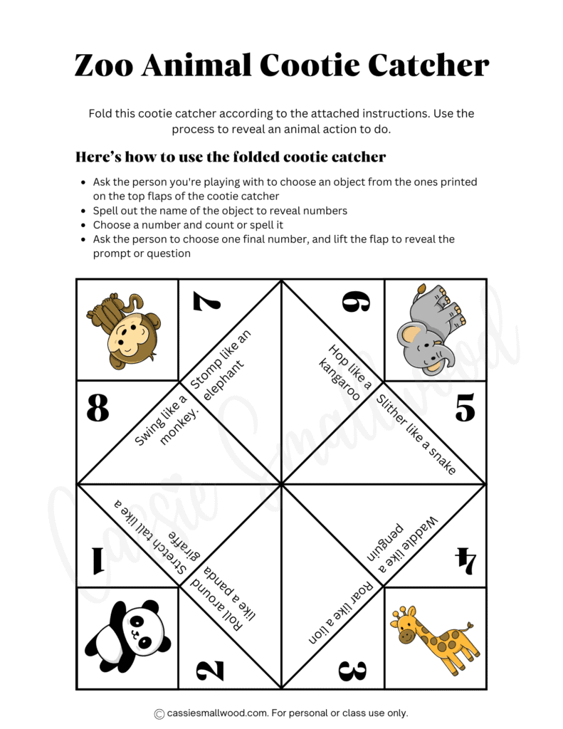 free printable zoo animal cootie catcher pdf, cute animal paper fortune teller game for kids, road trip game for kids free printable, preschool cootie catcher how to make a paper fortune teller