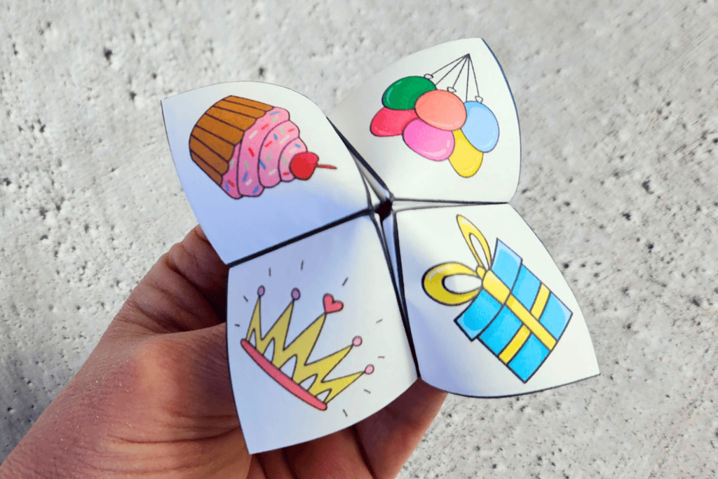 cute birthday cootie catcher free printable pdf, friendship sleepover game free printable, slumber party game for girls free printable, happy birthday paper fortune teller 80s 90s game free printable pdf