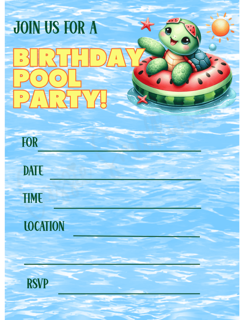 cute birthday pool party invitation free printable pdf, turtle birthday invitation template, swimming birthday party invitation downloadable free printable, splash bash birthday invitation for kids