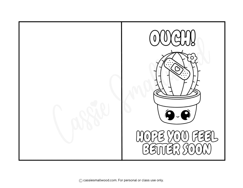 cactus cute feel better get well card coloring sheet free printable pdf, cute get well soon card to color, cute get well coloring pages for kids