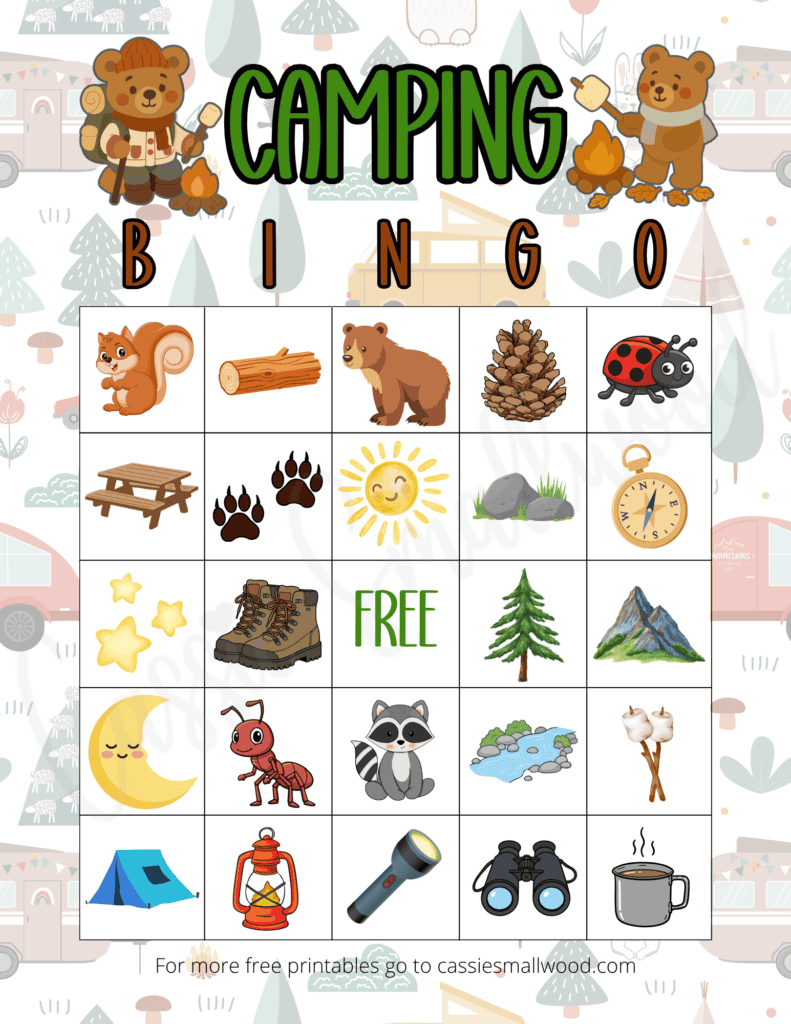 camping bingo board summer camp activity free printable pdf, fun summer camp game for kids, preschool camping activities for kids, easy camping games for toddlers
